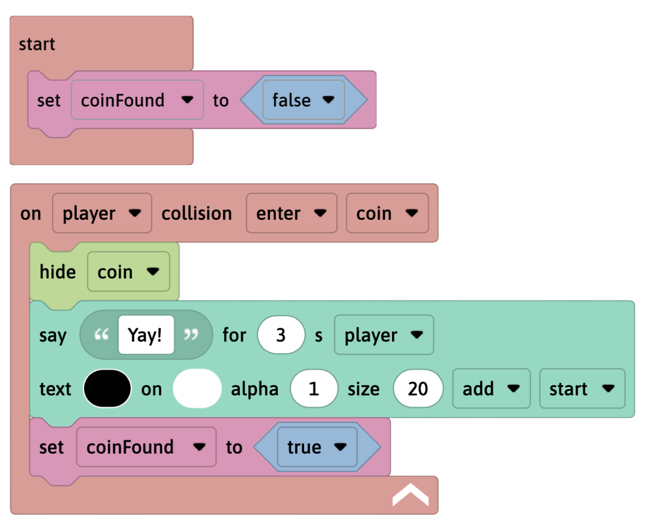 Flock XR Repetition Poster (5) Flock XR code for creating a coinFound variable that starts false and turns true on collision with the player