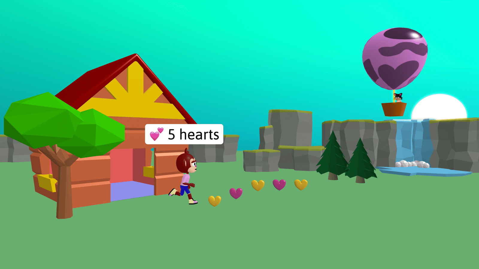 hearts The Flock XR canvas with a character saying "5 hearts" and 5 heart objects
