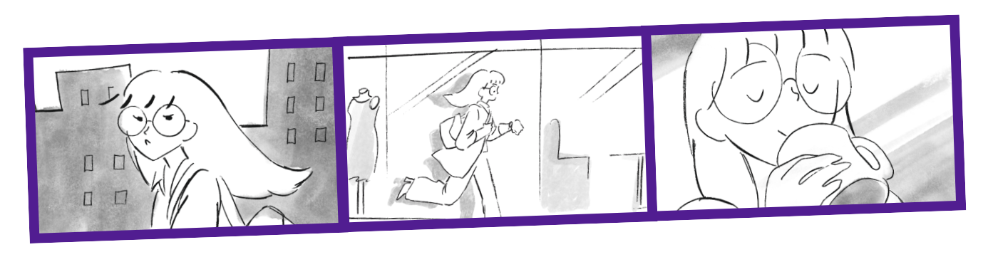 A three frame sketched cartoon strip