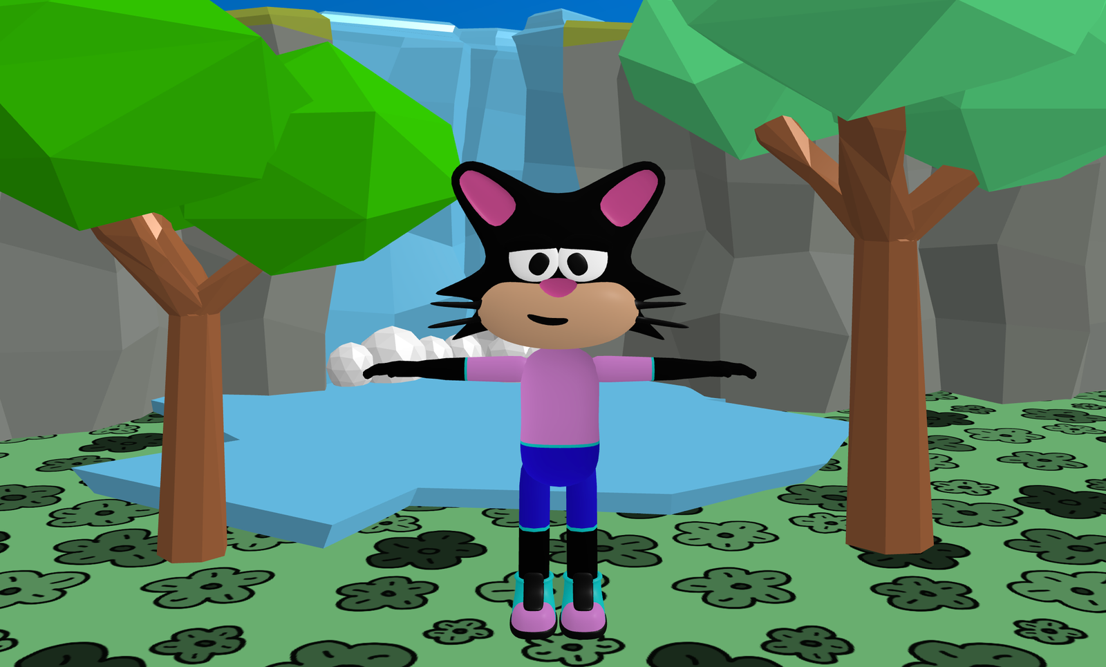 A Flock XR canvas showing a 3D scene. There is a character that is directly facing the camera. They have their legs together and their arms out to the sides at shoulder level.