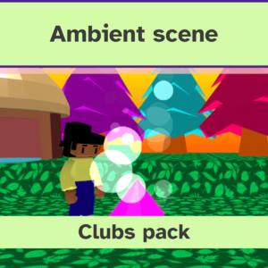 A Flock XR scene with a character standing idle near a fire. The fire is glowing and has smoke. In the background are trees and a house.