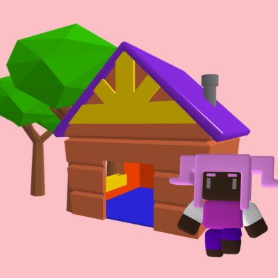 3D scene of a house, character and trees