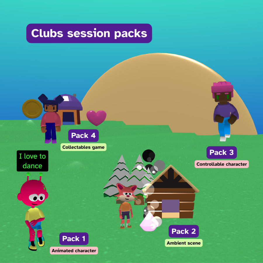 A Flock XR canvas with elements representing (in order) Animated character, Ambient scene, Controllable character, and Collectables game