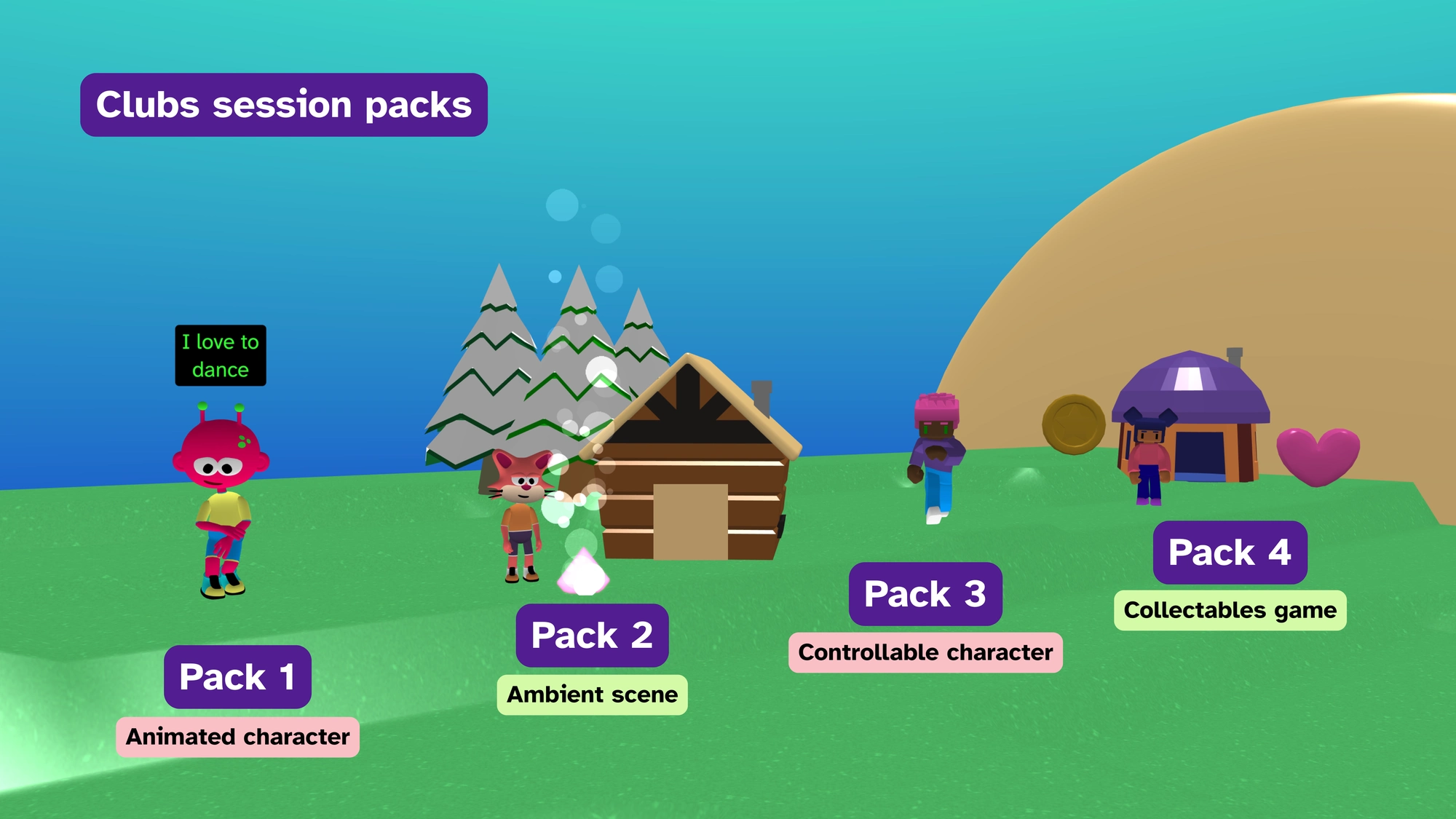 A Flock XR canvas with elements representing (in order) Animated character, Ambient scene, Controllable character, and Collectables game