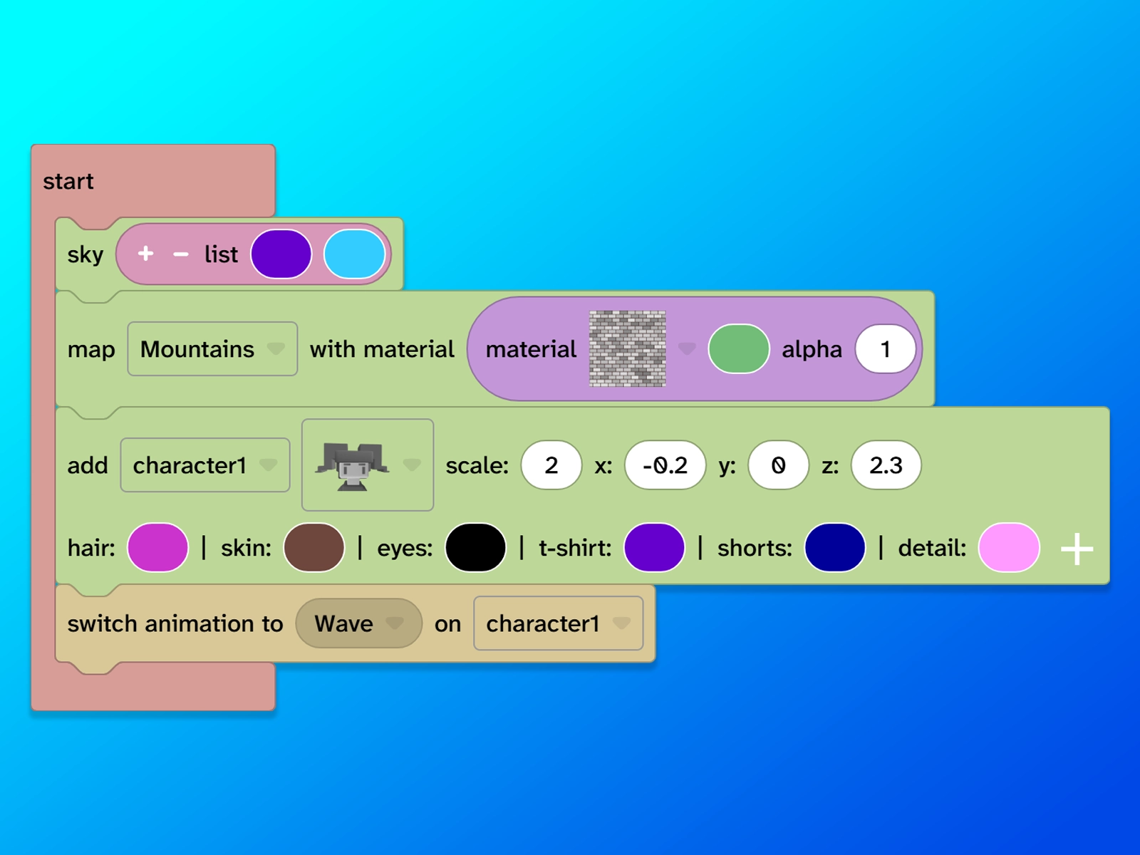 Code blocks Blocks of code to build a 3D world