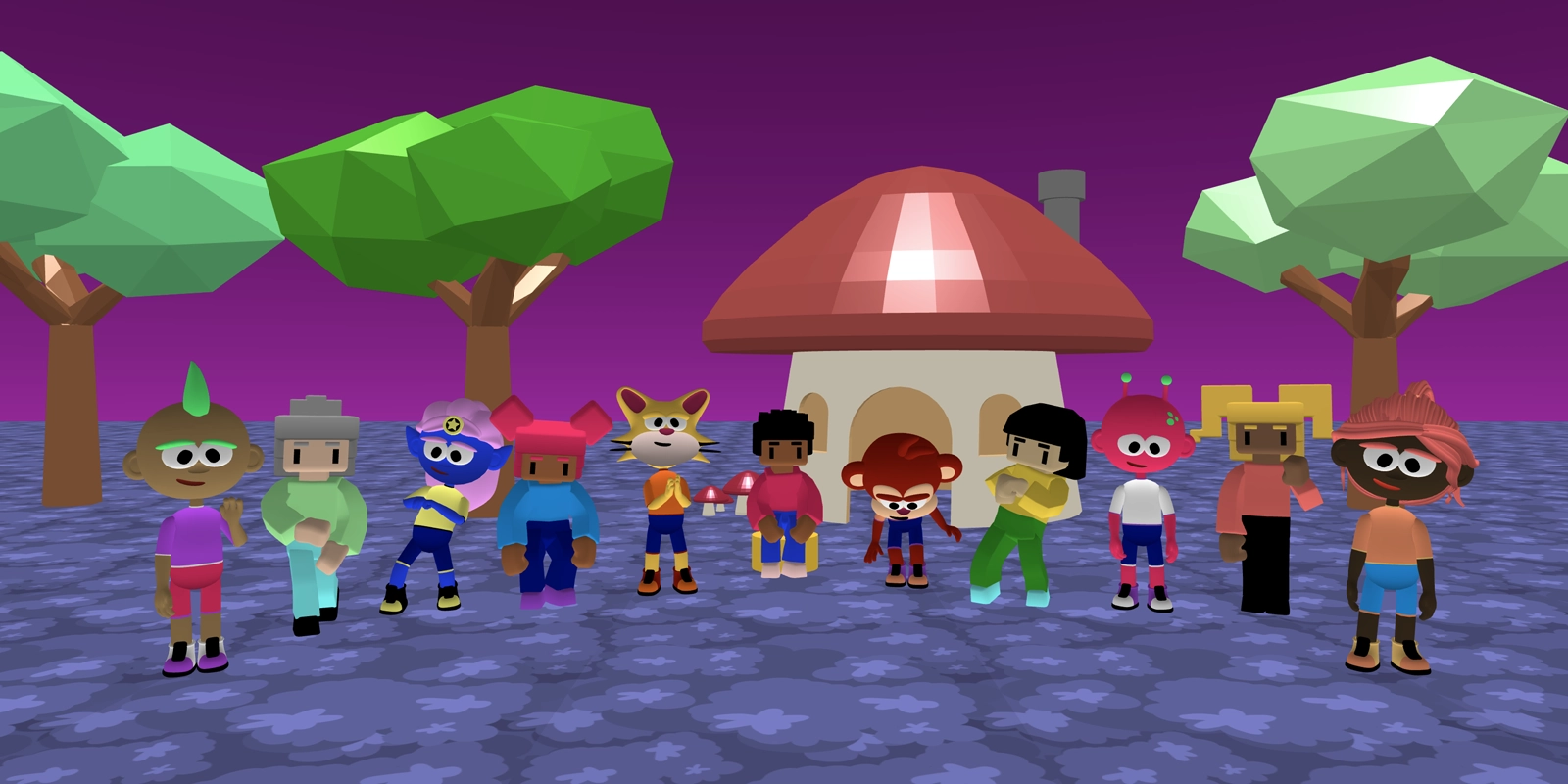 The Flock XR community A group of 3D characters gather outside a mushroom house.