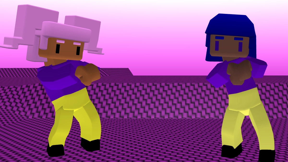 Two 3D characters are dancing.