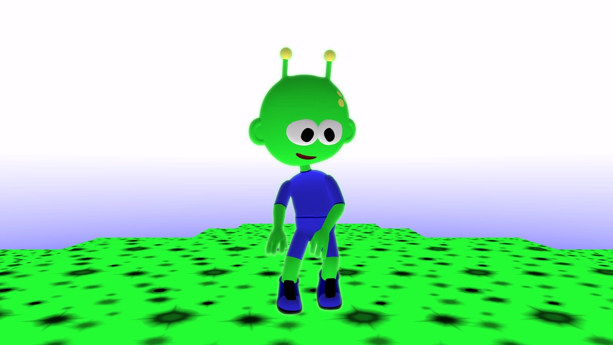 A green alien dancing.