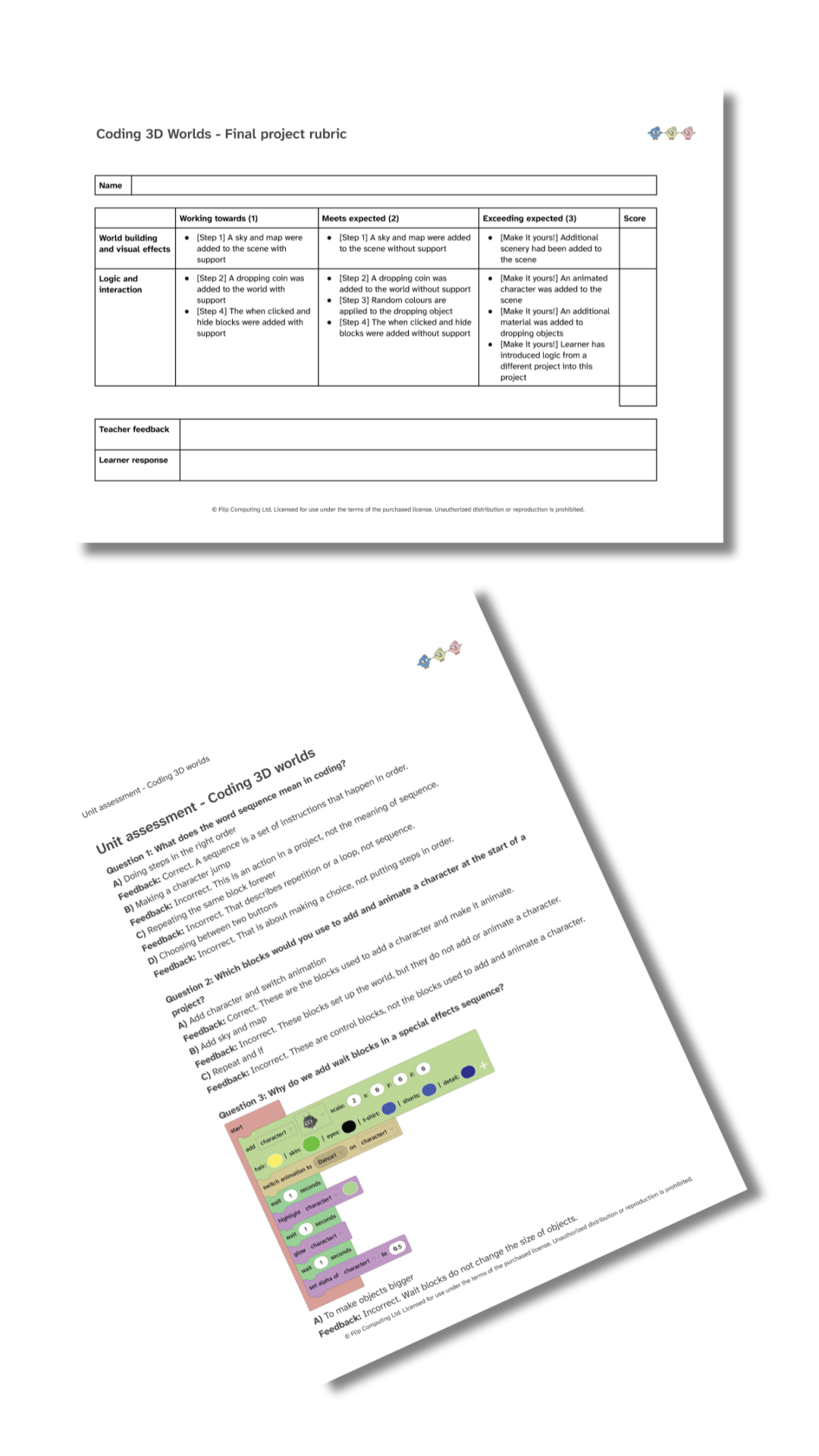 Assessment A project rubric and an end of unit quiz sample.