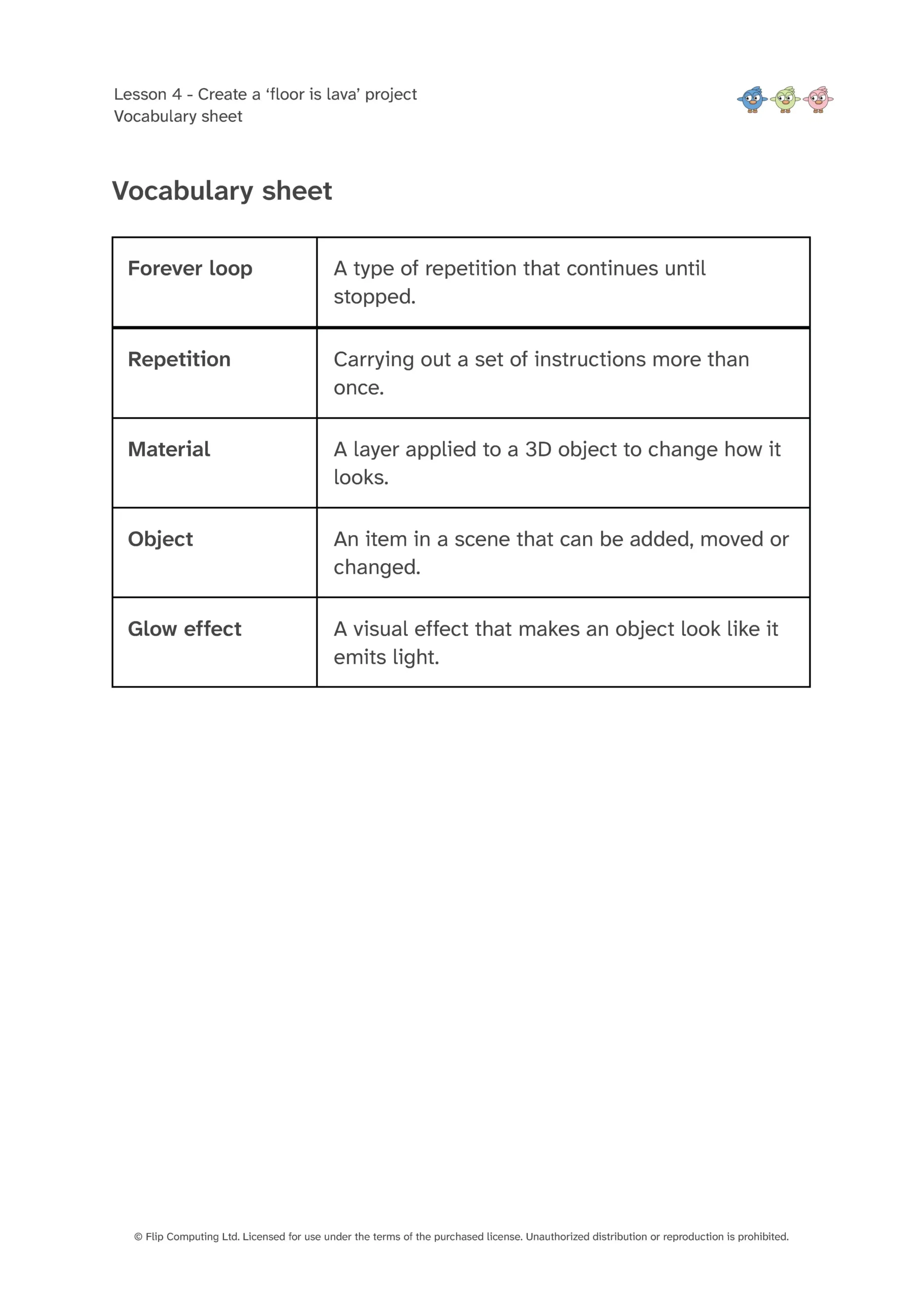 L4 Vocabulary sheet Sample vocabulary sheet.