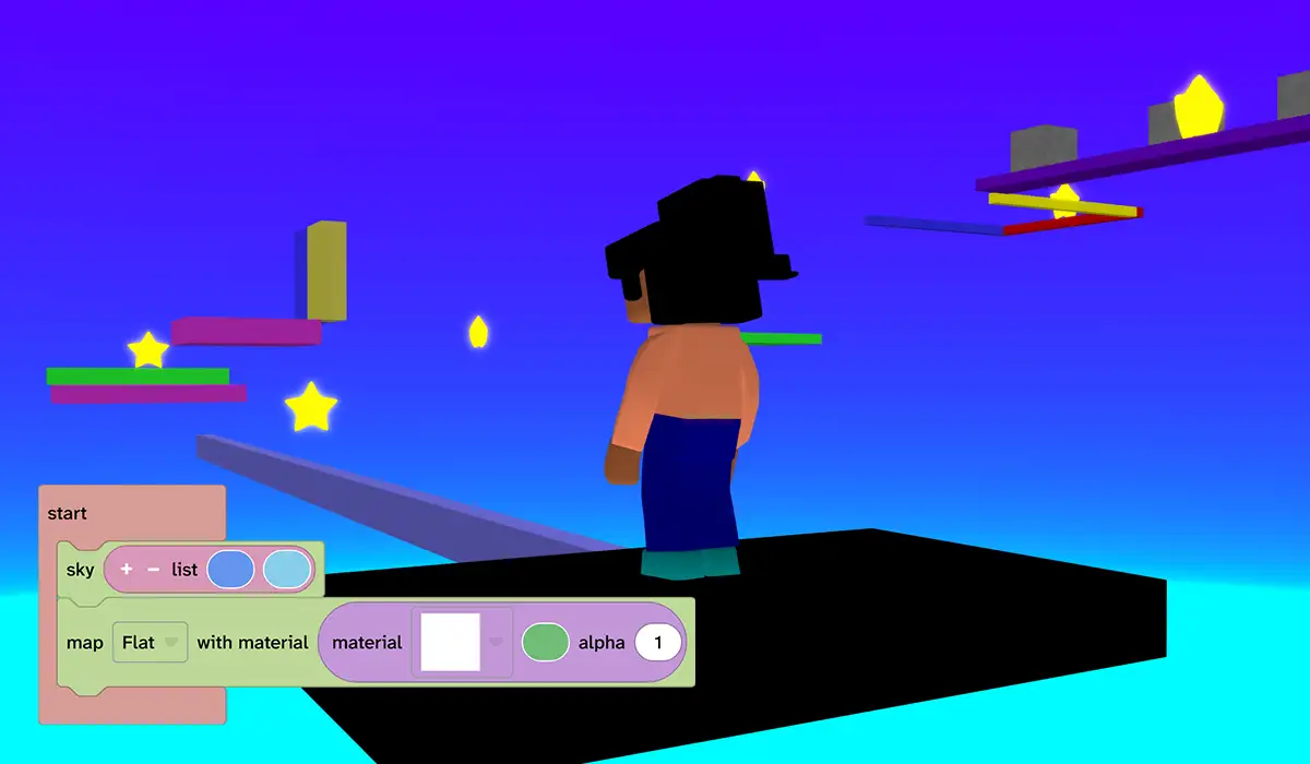 Secondary bundle A character stands at the beginning of a 3D obby game made in Flock XR.