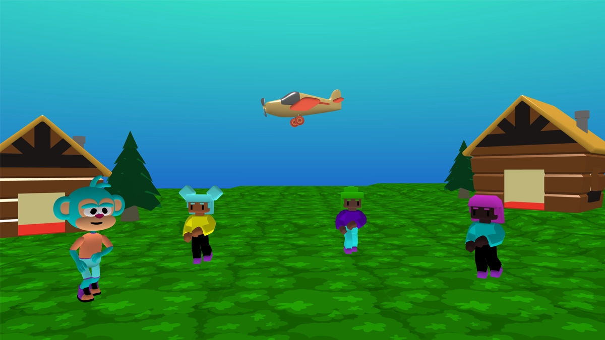 Four characters dance in a 3D world.