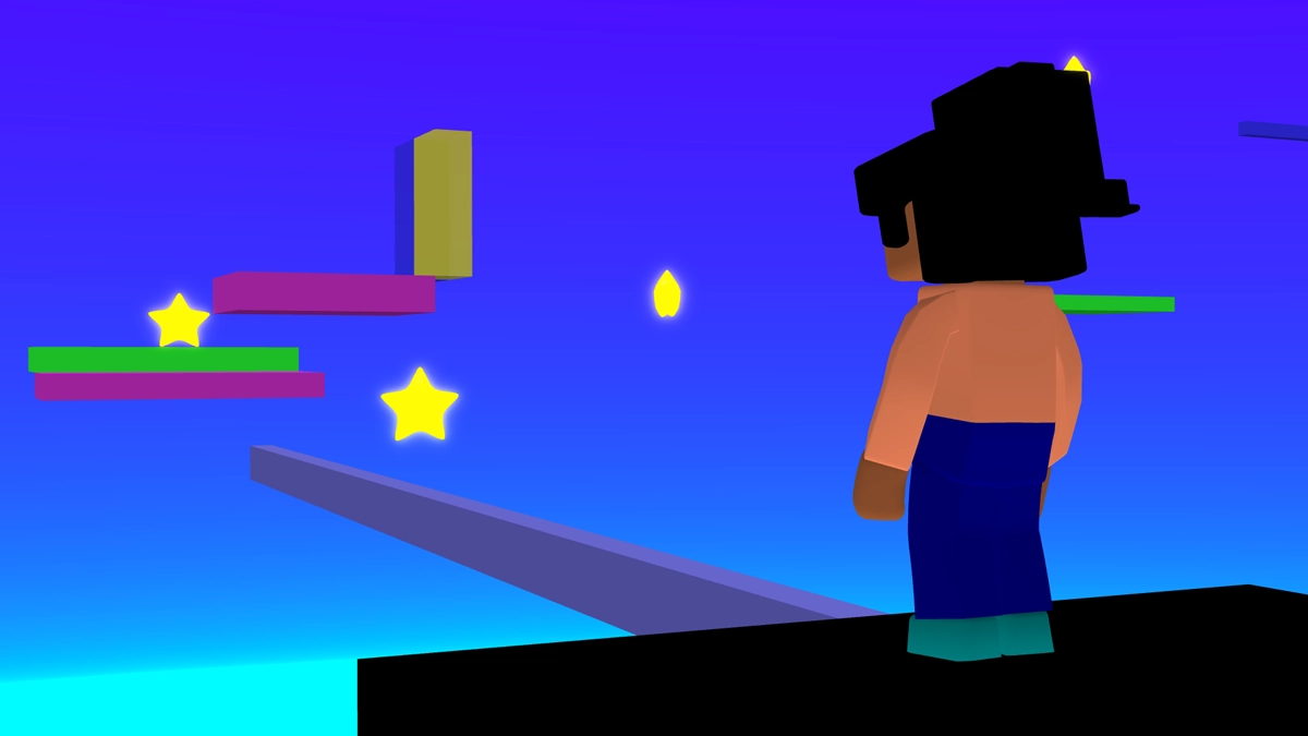 A character stands facing a 3D obby game made in Flock XR.
